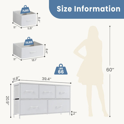 Fabric Storage Tower Dresser - 5-Drawer Indoor Cupboard Cabinet, Closet Organization & Storage Organization Solution for Bedroom, Apartment Furniture